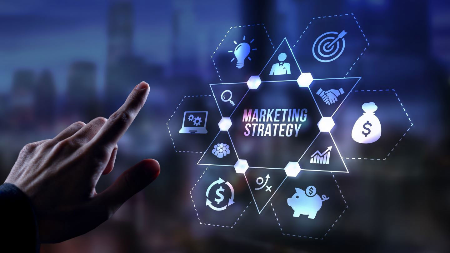 Digital marketing strategy concept with icons representing business growth, advertising, and online marketing tools