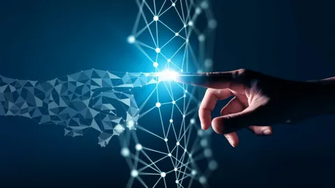 Human hand touching a digital network hand symbolizing digital transformation and technology consulting