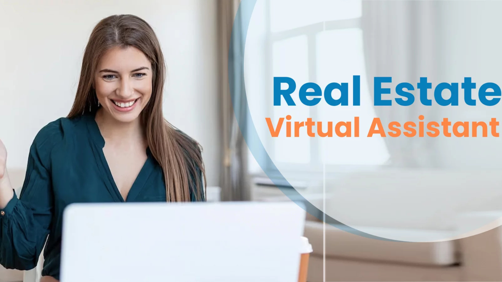 Smiling businesswoman using a laptop while working as an AI Real Estate Assistant in a modern office